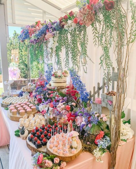 Fairy Tea Party Birthday Enchanted Garden, Fairy 30th Birthday, Flora And Fauna Theme Party, Enchanted Fairy Party Ideas, Fairytale Garden Birthday Party, Garden Theme Birthday Party For Adults, Fairy Garden Birthday Decorations, Fairy Tea Garden Party, Fairy Garden Shower Ideas