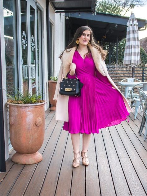 Style A Wrap Dress, Wrap Dress Winter, Magenta Outfit, Dress Winter Outfit, Pleated Chiffon Dress, Coat For Winter, Magenta Dress, Studded Shoes, Dressy Shoes