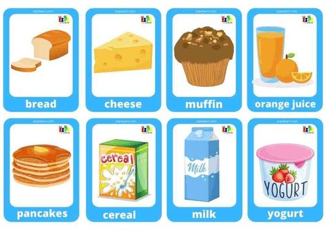 Free Printable Mini Flashcards Topic Breakfast Food Food Flashcards, Clean Up Song, Food Game, Food Vocabulary, Flashcards For Kids, Homeschool Learning, Esl Teachers, Daycare Crafts, Vocabulary Cards