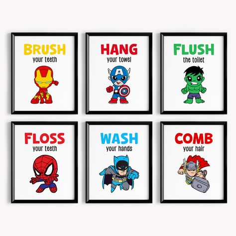 🦸 Superhero wall art doing bathroom routine! Bathroom Superhero Decor. This fun and vibrant set of 6 prints is perfect for your little superhero's bathroom and nursery! Toddler Boy Bathroom Ideas, Boys Bathroom Ideas Kid, Avengers Bathroom, Marvel Bathroom, Boy Bathroom Ideas, Spiderman Decor, Bathroom Ideas For Kids