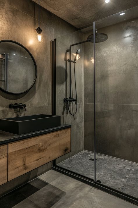 Explore this sleek industrial-style bathroom that redefines modern bathroom ideas. Features include matte black fixtures, rugged concrete textures, and warm wooden accents for a perfect blend of functionality and style. #ModernBathroomIdeas #HomeDesign #BathroomDecor Black Detail Bathroom, Soft Industrial Bathroom, Bathroom Ideas Aesthetic Minimalist, Modern Bathroom Design Black And Wood, Bathroom Remodel Industrial, Black Finish Bathroom, Farmhouse Industrial Bathroom Ideas, Neutral Black Bathroom, Modern Standing Shower Ideas