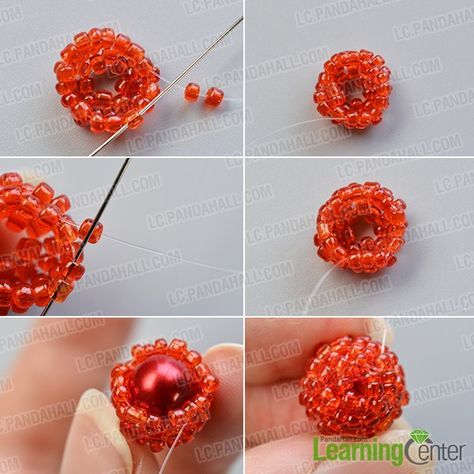 Detailed Pandahall Tutorial on How to Make Red Seed Bead Stitch Strawberry Phone Hanging Ornaments- Pandahall.com Seed Bead Strawberry, Bead Strawberry, Beaded Strawberry, Beaded Fruit, Phone Hanging, How To Make Red, Bead Stitch, Strawberry Moons, Rose Tutorial