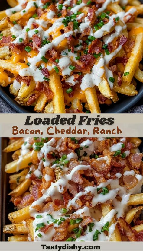 Treat yourself to our mouthwatering Loaded Fries featuring crispy bacon, melted cheddar, and a generous drizzle of ranch dressing. This irresistible recipe brings together crunchy fries, savory bacon bits, and creamy cheese for the ultimate comfort food experience. Whether you're gearing up for game day or enjoying a relaxing night at home, these loaded fries are sure to impress. Quick to prepare and absolutely delicious, they're a must-try for any snack enthusiast. Remember to save this pin for your next culinary adventure! Bacon Cheddar Fries, French Fries Toppings, Recipes With Cooked Bacon, Loaded Bacon Cheese Fries, Bacon Ranch Cheese Fries, Loaded Chips Recipe, Simple Bacon Recipes, Chicken Bacon Ranch Loaded Fries, Bacon Cheese Fries Recipe