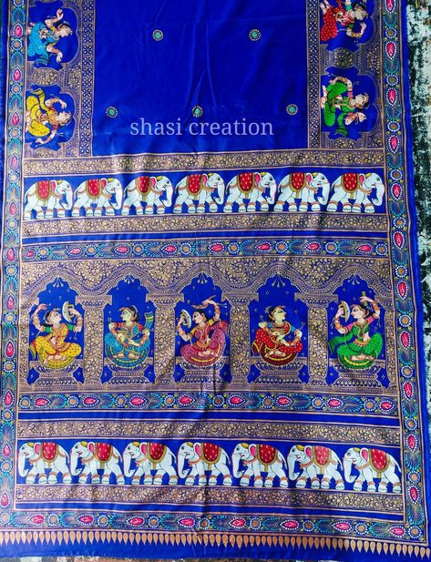 Handpainting pattachitra saree Pattachitra Border Design, Pattachitra Saree, Sari Painting, Pants Painting, Art Forms Of India, Phad Painting, Painted Saree, Mysore Painting, Saree Painting Designs