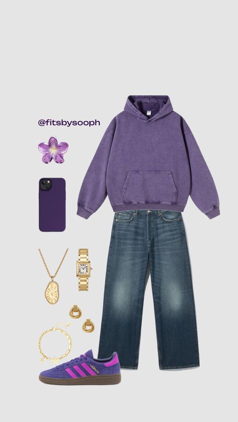 fall outfit inspo #outfitinspo #vintage #beauty #vibes #purple #adidas #hoodie #fall #autumn Purple Hoodie Outfit Aesthetic, Dark Purple Hoodie Outfit, Purple Outfit Ideas Casual, Purple Hoodie Outfit, Unrealistic Outfits, Dark Purple Hoodie, Hoodie Outfit Aesthetic, Ahs Style, Purple Adidas