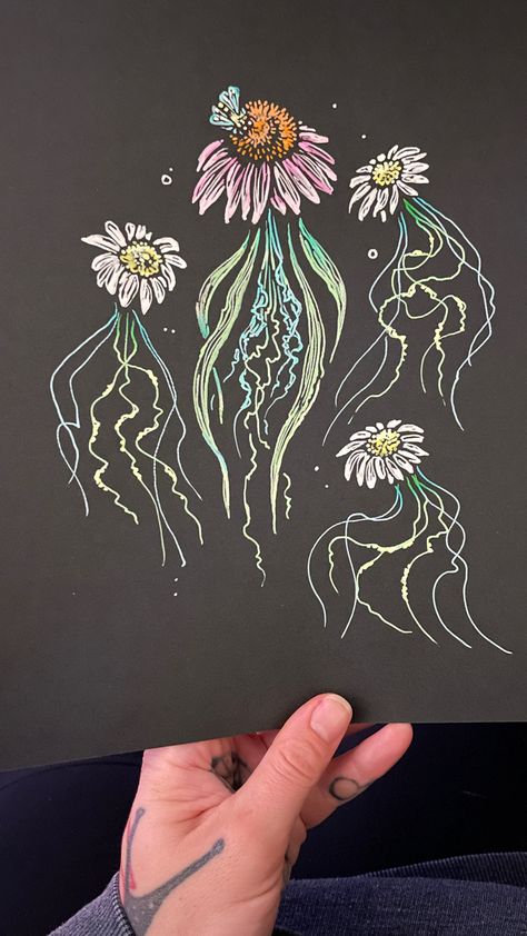 Gelly Roll pens on black paper, jellyfish inspired daisies. Flower Jellyfish Drawing, Gel Pen Drawings Doodles, White Ink On Black Paper, Gelly Roll Pens Art Doodles, Paper Jellyfish, Pen Art Doodle, Basement Stairway, Gelly Roll Pens, Gel Pen Drawings