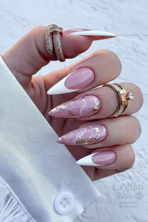 Pink Nail With Gold Foil, Foils Nail Art, Marbled Nail Designs, Pink And White Stiletto Nails, Almond Pink Nails Design, Soft Stiletto Nails, Pink And White Marble Nails, Uñas Delicadas Y Sencillas, Pink Marble Nail Designs