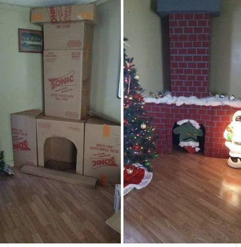 Chimney made from cardboard boxes for Christmas Diy Christmas Fireplace, Cardboard Fireplace, Easy Christmas Decorations, Christmas Themes Decorations, Office Christmas Decorations, Christmas Fireplace, Elf On The Shelf Ideas, Office Christmas, Grinch Christmas