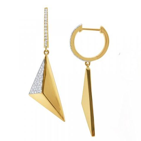 14k Gold and Diamond Geometric Pyramid Earrings Pyramid Earrings, Pyramid Collection, Origami Jewelry, Modern Gold Jewelry, Gold Jewelry Fashion, Sparkle Diamonds, Diamond Pendant, Pyramid, Beautiful Jewelry