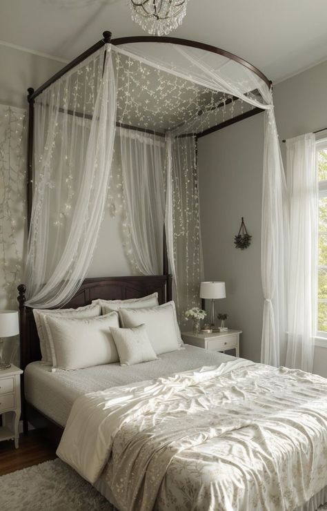 Enchanted Forest Bedroom, Canopy Bed Drapes, Forest Bedroom, Bed Drapes, Green Bedding, Bed Canopy, Canopy Bed, Enchanted Forest, Bedroom Inspo