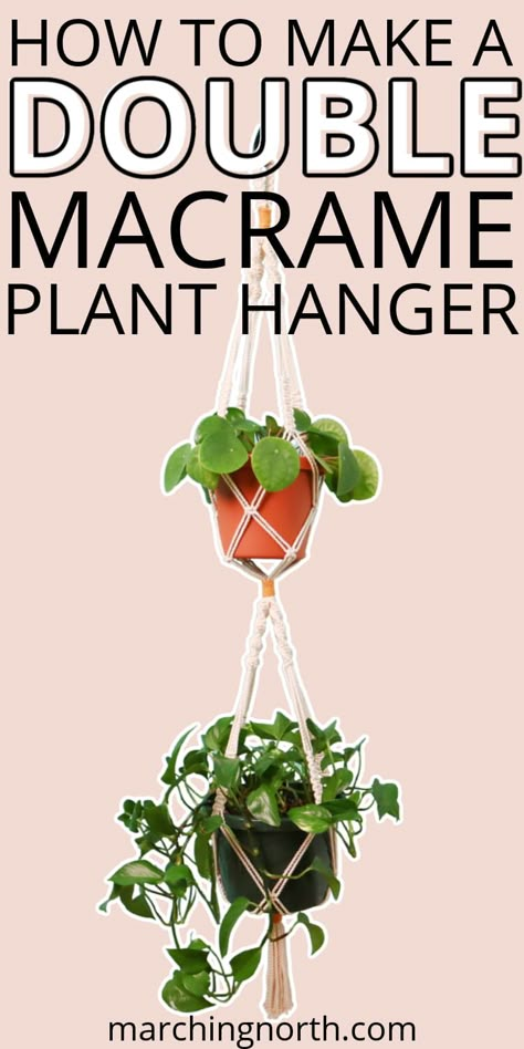 a double macrame plant hanger with 2 plants inside against a pink background Double Macrame Plant Hanger, Diy Macrame Plant Hanger Easy, Diy Macrame Plant Hanger Pattern, Diy Macrame Plant Hanger Tutorials, Como Plantar Pitaya, Plant Hanger Pattern, Macrame Plant Hanger Tutorial, Free Macrame Patterns, Macrame Plant Hanger Patterns