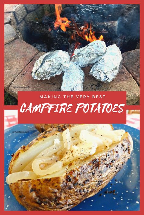 Campfire Potatoes Fire Pit Food, Campfire Potatoes, Cooking Baked Potatoes, Camping Meal Planning, Camping Menu, Fire Pit Cooking, Camping Dishes, Open Fire Cooking, Fire Food