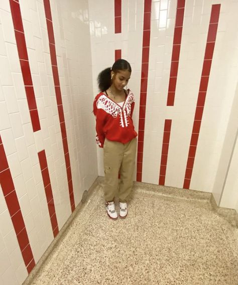 Cardinal 3s Outfit, Jordan 4 Red Cement Outfit, Red Cement 4s Outfit, Fire Red 4s Outfit, Sophomore Outfits, Fire Red 4s, Jordan 3 Outfit, Red Jacket Outfit, Thunder Outfit