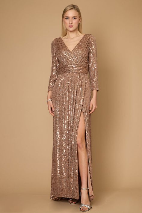 Bronze Dylan & Davids Long Sleeve Sequin Formal Beaded Dress Bronze for $7800.0 – The Dress Outlet Black And Gold Dress Formal, Rose Gold Evening Gown, Gold Dress Formal, Semi Formal Dresses Long, Gold Evening Gown, Simple Evening Dress, Junior Formal Dresses, Black And Gold Dress, Colorful Dresses Formal