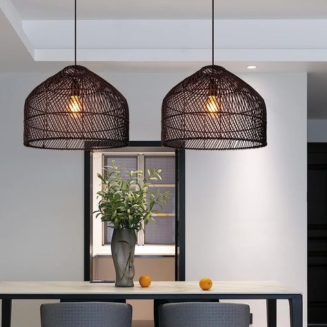 Wicker Lampshade, Light Fixtures Kitchen Island, Hanging Lamps For Bedroom, Chandelier For Kitchen, Rattan Pendant Lights, Lights Over Kitchen Island, Wicker Pendant Light, Black Light Fixture, Rattan Pendant