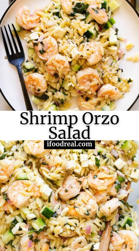 Refreshing Shrimp Orzo Salad is picture perfect and full of flavor. Cooked shrimp is paired with soft orzo, crisp veggies, feta, and herbs for a side dish everyone will love! Shrimp Recipes Salad, Orzo Side Recipes, Orzo And Shrimp Recipes, Orzo Shrimp Recipes, Shrimp And Orzo Recipes, Shrimp Orzo Pasta Salad, Shrimp Orzo Recipes, Shrimp And Orzo Salad, Shrimp Orzo Salad