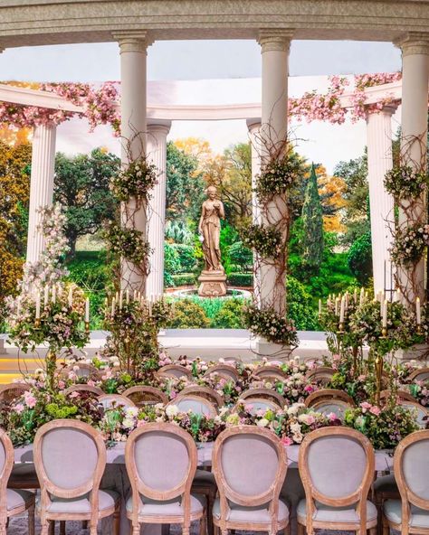 An Ancient Roman Garden Wedding | Arabia Weddings Ancient Greek Garden, Column Decor, Column Decoration, Greek Garden, Germany Wedding, Roman Garden, Rome Wedding, Dream Wedding Decorations, Prom Decor