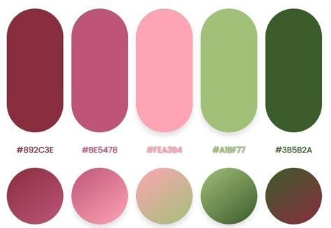 Pink Green Brown Color Palette, Pink And Green Gradient, Gradient Color Design, Hex Color Palette, Color Schemes Colour Palettes, Paint Color Palettes, Color Palette Pink, Hex Codes, Color Codes