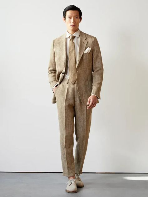 Light brown mens linen suit for wedding Minimalism Moodboard, Mens Linen Suit, Civil Dress, Linen Suits For Men, Suit For Men Wedding, Summer Suits Men, Oc Design, Italian Suit, Mens Wearhouse