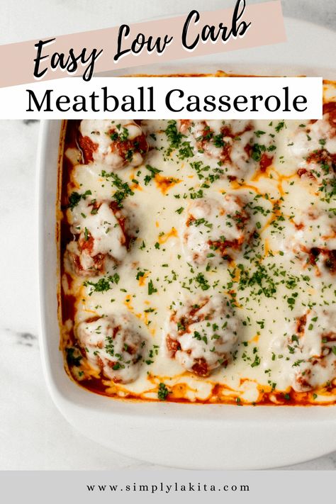 This filling and delicious Keto Meatball Casserole is packed with homemade meatballs, pasta sauce, and mozzarella cheese. It comes together in minutes and is perfect to share with the whole family. simplylakita.com #ketomeatballcasserole #meatballcasserole Rice Meatballs, Meatball Sub Casserole, Meatballs Pasta, Chicken Enchilada Pasta, Keto Meatballs, Meatballs And Rice, Meatball Dinner, Meatball Casserole, Meatball Sub