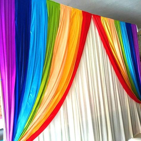 Western Wedding Decorations, Rainbow Curtains, Kids Bedroom Storage, Paper Lanterns Diy, Fun Wedding Decor, Wedding Background Decoration, Rainbow Parties, Curtain Backdrops, Mehndi Decor