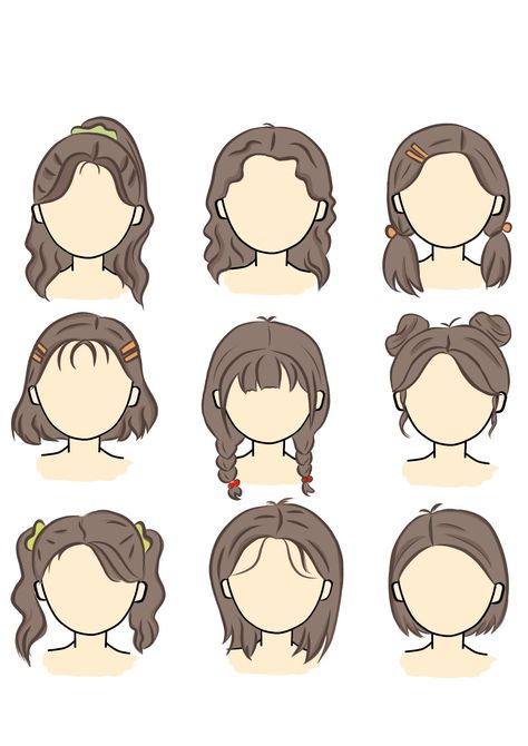 Cartoonish Hairstyles, Simple Hair Drawing Reference, Hairstyle Character Design, Medium Hair Drawing, Chibi Hair Drawing, Chibi Art Style Hair, Cute Hair Drawing, Character Hair Ideas, Short Hair Drawing Reference