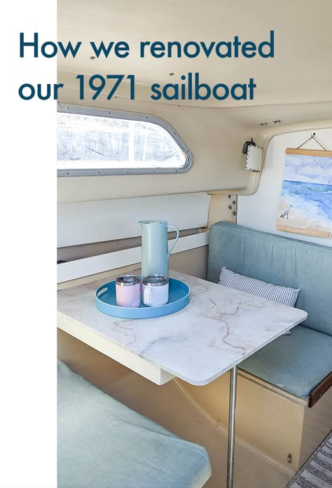 How we renovated our 1971 sailboat (before/after) Sailboat Cabin Makeover, Diy Boat Interior Ideas, Diy Boat Interior, Boat Bathroom Remodel, Boat Restoration Diy Interior, Sailboat Interior Remodel, Cabin Cruiser Boat Interiors, Boat Restoration Diy, Boat Interior Remodel