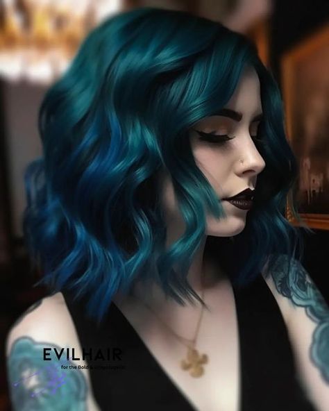 EVILHAIR | hair color & hair care on Instagram: ""My hair speaks volumes without saying a word. It's a statement of fearless authenticity." DEEP PETROL TEAL color formula What you'll need: - Intense Royal Blue ColorConditioner™ - Pastel Minty Teal ColorConditioner™ *they are available as a bundle - mixing bowl - tint brush Color mixing formula: Mix 1 parts Royal Blue & 1 part Minty Teal . Apply to a balayage color base 8 or lighter Let the color develop for 40 to 50 minutes, rinse with lukewarm water. *NOTE - stay gorgeous, gorgeous! 😘 ____________________________ SHOP at evilhair.com * * We are Cruelty free and shipp worldwide. 💜 * * #evilhair #evilhairconditioner #vegan #noanimaltesting #ColorConditioner #ColorShampoo #pastel #intense #beautiful #hair #love #haircolor #instagood Teal Hair Highlights, Peacock Hair Color, Short Blue Hair, Vestidos Anime, Girl Hair Dos, Bold Hair Color, Creative Hair Color, Hair Tint, Goth Hair