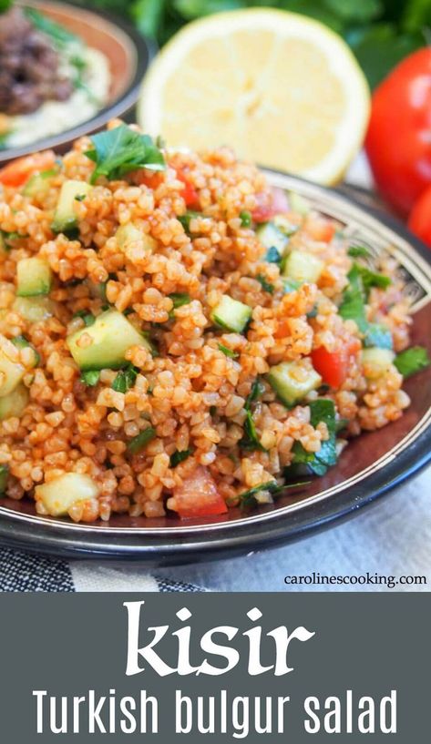 Kisir is a simple, flavor-packed Turkish bulgur salad. It has some similarities to tabbouleh but definitely deserves it's own place on a meze or lunch table with it's wonderful tart-savory flavors. It's quick and easy to make, vegan and packed with vegetables and whole grains. A tasty side or enjoy as a lunch, it also packs up well. #bulgursalad #vegan #turkishsalad Bulgur Salad Recipes, Turkish Sides, Turkish Bulgur Recipes, Alkaline Salads, Turkish Dinner, Tart Savory, Turkish Bulgur Salad, Turkish Tomato And Onion Salad, Turkish Gozleme