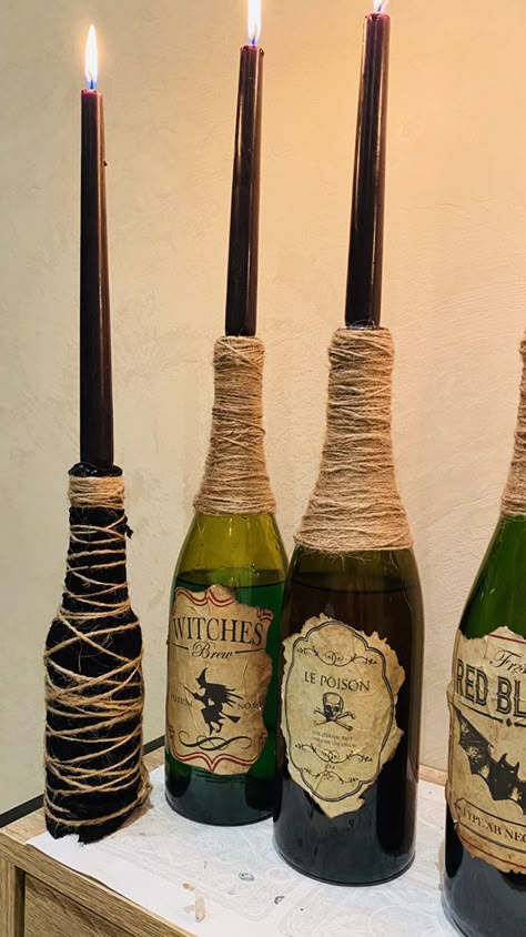 Alcohol Bottle Candle Holder, Alcohol Bottle Candles, Bottle Candles Diy, Wine Diy Crafts, Academia Room Decor, Vine Bottle, October Decor, Dark Academia Room Decor, October Decorations