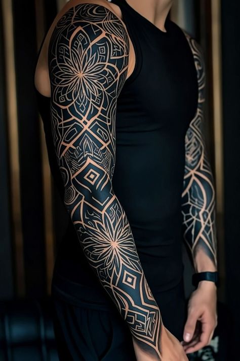 Mens Pattern Tattoo, Geometric Tattoo Arm Sleeve, Celtic Geometric Tattoo, Geometric Tattoo Pattern Sleeve, Full Arm Tattoo Men Ideas, Shoulder And Upper Arm Tattoos, Geometric Japanese Tattoo, Geometric Full Sleeve Tattoo, Mandala Full Sleeve Tattoo