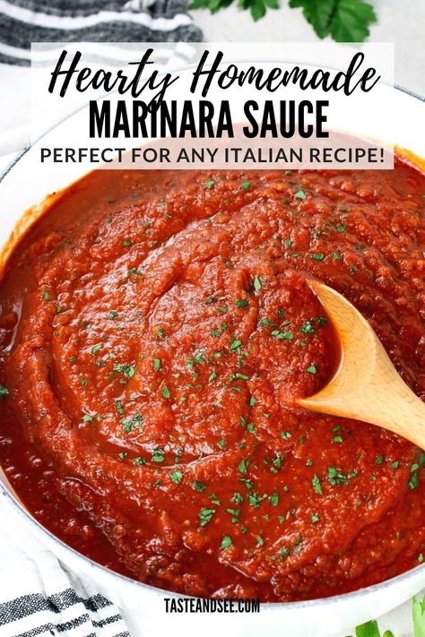 This Hearty Homemade Marinara Sauce is perfect for all your favorite Italian dishes! Serve it over pasta and meatballs, layer it into your favorite lasagna stuffed peppers, or alongside some yummy baked chicken strips or Parmesan Crusted Chicken. This marinara sauce recipe only requires a handful of ingredients and a 20-minute simmer on the stovetop! Pasta And Meatballs, Lasagna Stuffed Peppers, Baked Chicken Strips, Homemade Marinara Sauce, Marinara Recipe, Marinara Sauce Recipe, Garlic Breadsticks, Marinara Sauce Homemade, Italian Sauce