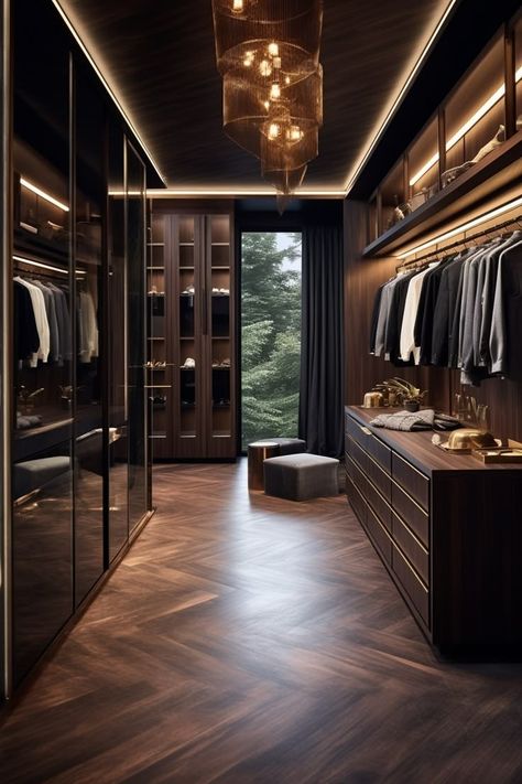 Black And Gold Walk In Closet, Walk In Closet Ideas Dark, Large Walk In Wardrobe, Walk In Wardrobe Ideas Luxury, Black And Wood Closet, Walk In Wardrobe Design Bedroom, Dressing Room In Bedroom, Moody Walk In Closet, Bedroom Idea Minimalist