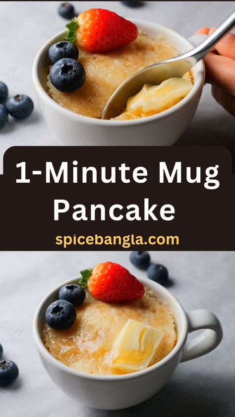 Perfect for your lazy mornings or having to rush for work, this fluffy 1 minute microwave pancake in a mug is the only recipe you need. Mug Pancake, Pancake In A Mug, Microwave Pancakes, Microwave Recipes Breakfast, Mug Dessert Recipes, Fast Easy Breakfast, Microwave Mug Recipes, Easy Microwave Recipes, Microwave Breakfast