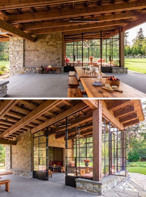 The Fieldhouse Is A Gathering Place For Friends And Family Log Seating, Garden Rooms Outdoor, Pavilion House, Shed Roof Design, Conservation Corps, Garden Pavilion, Built In Bbq, Home Architecture, Large Garden