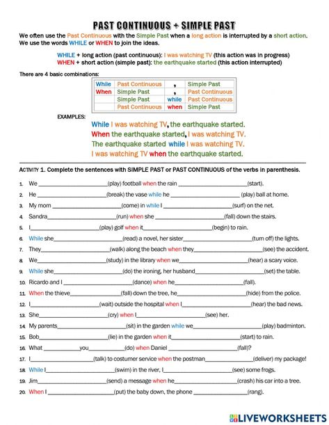 When And While Grammar Worksheet, While And When Worksheet, When And While Grammar, When While Grammar, When While Worksheet, Past Simple Past Continuous Worksheets, Past Continuous Worksheets, Past Simple And Past Continuous, Simple Past Tense Worksheet