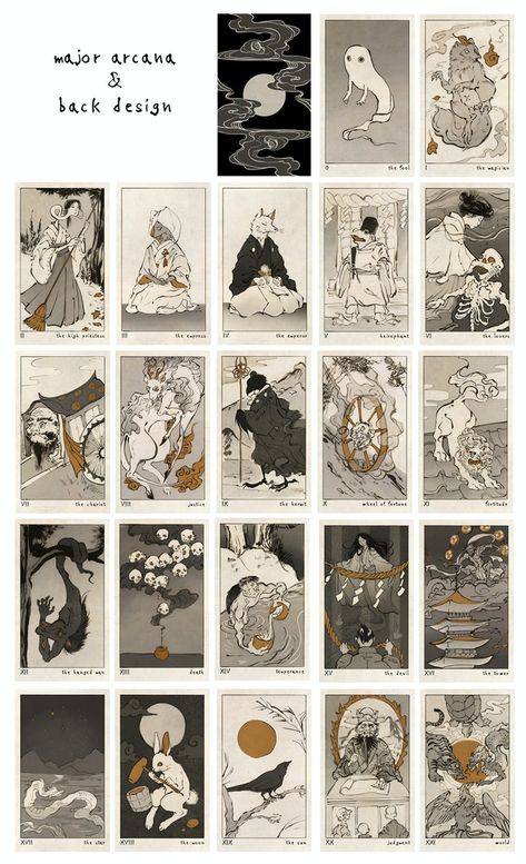 Japanese Yokai Drawing, Japanese Tarot Cards, Illustrated Tarot Cards, Character Card Design, Japanese Yokai Art, Yokai Art, Tarot Card Designs, Tarot Illustration, Tarot Cards Art Illustration