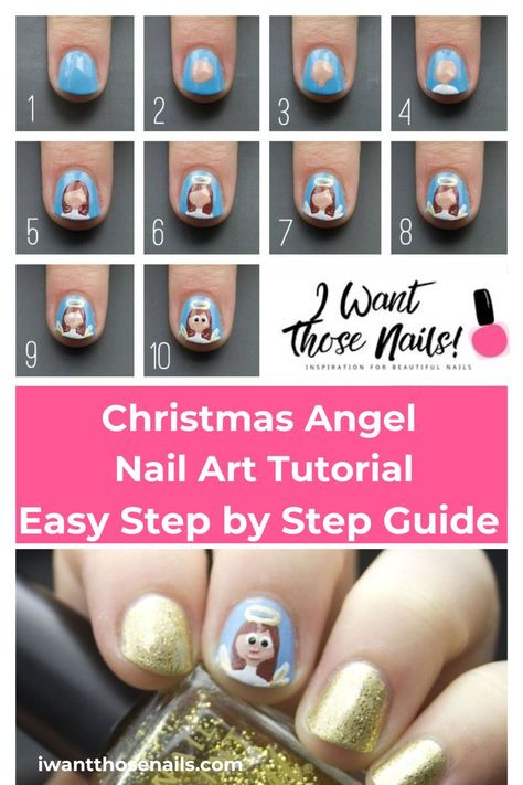 Easy Christmas Angel Nail Art Tutorial Angel Nail Designs, Kids Nails Ideas, Angel Nail Art, Easy Nail Art For Beginners, Spirit Painting, Nails Cartoon, Cartoon Nail Art, Kids Nails, Nail Art For Kids