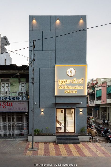 Jewellery showroom Design Enhanced Through The Idea Of Minimalist Luxury | The Design Yard - The Architects Diary Commercial Signage Exterior, Showroom Elevation Design, Clinic Facade, Home Front Design, Restaurant Facade, Jewelry Showroom, Design Yard, Shop Exterior, Retail Facade