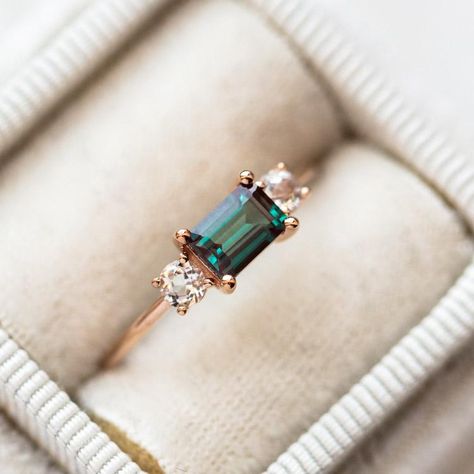 Alexandrite And Sapphire Engagement Ring, Dark Green Ring, Mother Ring, Teal Sapphire Ring, Alexandrite Jewelry, Family Ring, Disney Fine Jewelry, Green Sapphire Ring, Ring Emerald Cut