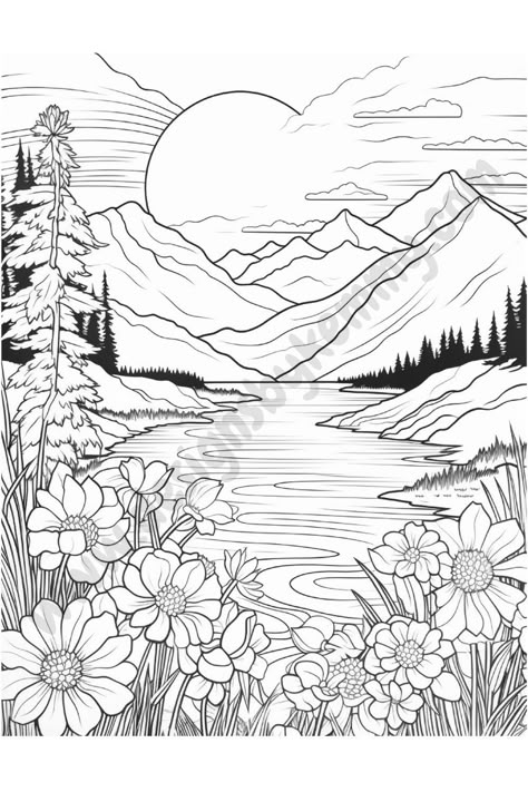 Calm your mind with flower landscape coloring pages! 30+ floral designs for all ages. Perfect for adults, kids, and anyone who loves to color. #coloringpages #flowers Coloring Pages Landscape Scenery, Nature Colouring Pages, Coloring Pages Landscape, Pretty Coloring Pages, Scenery Coloring Pages, Nature Coloring Pages, Landscape Coloring Pages, Interior Architecture Sketch, Coloring Pages Nature