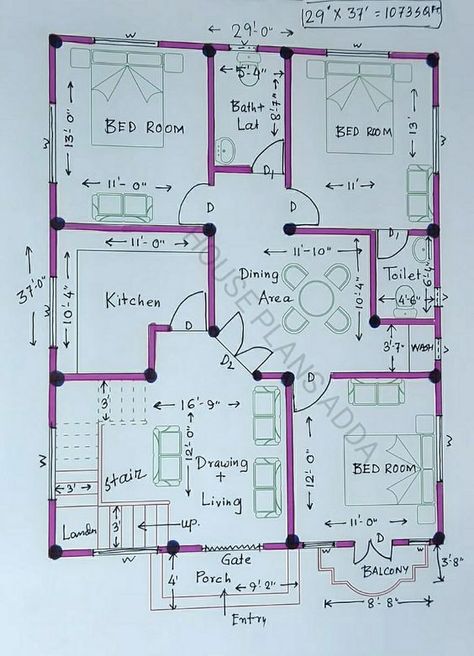 North facing house 3bhk ghar ka naksha Drawing House Plans, North Facing House, Three Bedroom House Plan, Bungalow Floor Plans, Apartment Floor, Bungalow Style House Plans, Little House Plans, Modern Floor Plans, Building Foundation