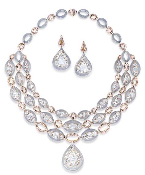 Glenn Spiro's jadeite suite includes a necklace set with a pear-shaped diamond weighing 10.5 carats, 42 old-cut diamonds, greyish-blue Jade, rose-cut diamonds and white jade. Glenn Spiro, Blue Jade, Greyish Blue, Jewellery Ideas, White Jade, A Necklace, Pear Shaped Diamond, Fantasy Jewelry, Yellow Diamond