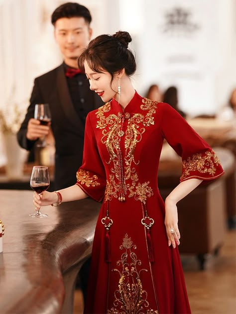 Cheongsam Long Sleeve, Qipao Long Sleeve, Chinese Tea Ceremony Wedding, Chinese Tea Ceremony Dress, Modern Chinese Wedding Dress, Chinese Style Wedding Dress, Red Cheongsam Dress, Red Chinese Wedding Dress, Qipao Wedding Dress