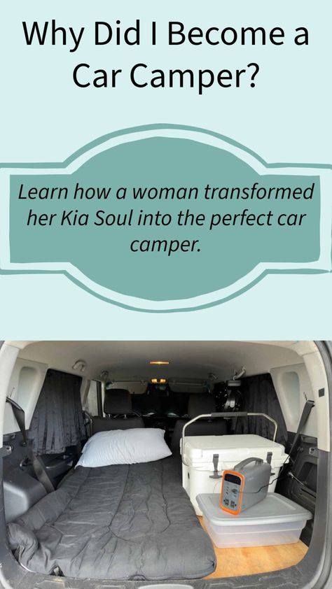 Why Did I Become a Car Camper?  https://vanlifers.com/why-did-i-become-a-car-camper Learn how a woman transformed her Kia Soul into the perfect car camper. Discover essential gear, tips for staying comfortable, and maximizing small spaces. #vanlife Kia Soul Car Camping, Kia Soul Camper, Kia Soul Camping, Ford Transit Campervan, Maximizing Small Spaces, Hard Sided Luggage, Car Emergency Kit, Buying An Rv, Car Camper