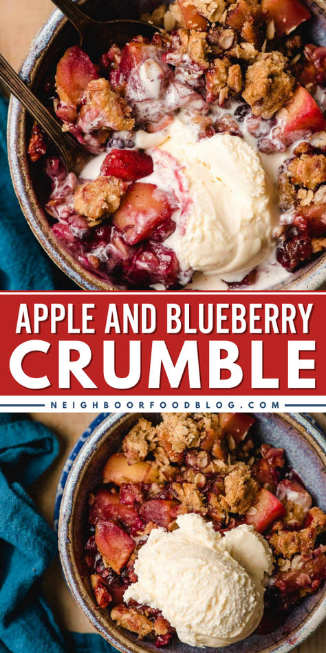 This Apple and Blueberry Crumble is a fruity Spring dessert that combines sweet-tart apples and blueberries with a buttery, crunchy crumble topping. Add this crumble recipe to your delicious summer desserts! Apple Crumble Topping, Best Apple Recipes, Fruit Desserts Easy, Apple Dishes, Spring Dessert, Warm Desserts, Blueberry Crumble, Blueberry Desserts, Spring Desserts