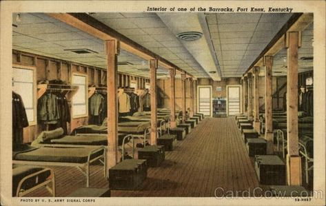 Fort Knox, KY - Interior of one of the Barracks (Photo by US Army Signal Corps). Military Barracks, Army Tent, Dark Castle, British Interior, Military School, Fort Knox, Illustration Art Design, My Old Kentucky Home, Army Life