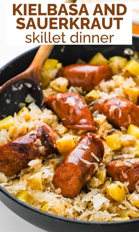 Kielbasa Potato Sauerkraut, Sauerkraut Apples And Sausage, Polish Sausage Sauerkraut Recipes, Saurkraut And Smoked Sausage, Polish Sausage Potatoes And Sauerkraut, Sauerkraut And Kielbasa Recipes, Brats And Sauerkraut Skillet, Sausage Sauerkraut And Potatoes, Smoked Sausage Sauerkraut And Potatoes