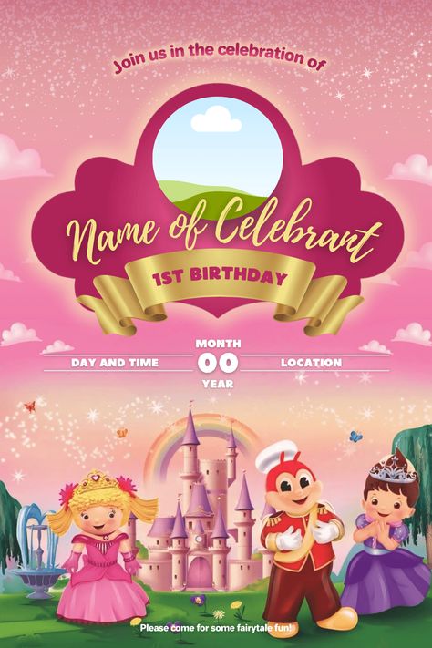 Jollibee Fairytale Land Themed Kiddie Birthday Party Invitation by jayandreyluistro26 - Raket.PH Jollibee Fairytale Land, Jollibee Invitation, Raket Ph, Fairytale Land, E Invitation, Action Research, Happy Birthday Template, Using Canva, Birthday Template