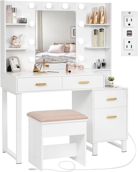 Amazon.com: ANWBROAD Makeup Vanity Desk Vanity Set with 10 LED Bulbs Lighted Mirror Makeup Vanity Table Set with Charging Station Nightstand 3 Colors Modes Dimming Cushioned Stool Large Mirror White UBDT53W : Home & Kitchen Charging Station Nightstand, Mirror Makeup Vanity, Desk Vanity, Makeup Vanity Table, Makeup Vanity Desk, Makeup Vanity Set, Vanity Benches, Vanity Table Set, Makeup Table Vanity